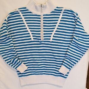 Stripe Half Zip Coastal Blue And White Knit Sweater Oversized Size Medium